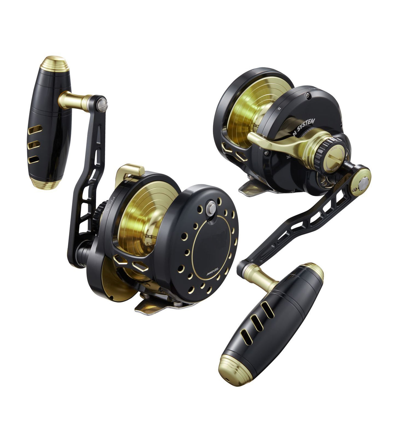 A Maxel Rage Pro conventional slow pitch lever drag fishing reel in the BGD (Black/Light Gold) color. Applicable models: R60H-PRO-BGD, R60HL-PRO-BGD, R80-PRO-BGD, R80L-PRO-BGD, R90-PRO-BGD, R90L-PRO-BGD, R130-PRO-BGD, R130L-PRO-BGD