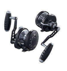 A Maxel Rage Pro conventional slow pitch lever drag fishing reel in the BLG (Black/Light Gray) color. Applicable models: R60H-PRO-BLG, R60HL-PRO-BLG, R80-PRO-BLG, R80L-PRO-BLG, R90-PRO-BLG, R90L-PRO-BLG, R130-PRO-BLG, R130L-PRO-BLG