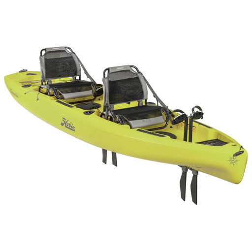 A 3/4 angle shot of a 2023 Hobie Mirage Compass Duo Tandem (Two Seat) kayak in the seagrass green color. The manufacturer part number is 81912220 and the manufacturer UPC is 792176439226 