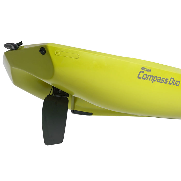 A closeup of the rudder assembly and stern of a 2023 Hobie Mirage Compass Duo Tandem (Two Seat) kayak in the seagrass green color. The manufacturer part number is 81912220 and the manufacturer UPC is 792176439226