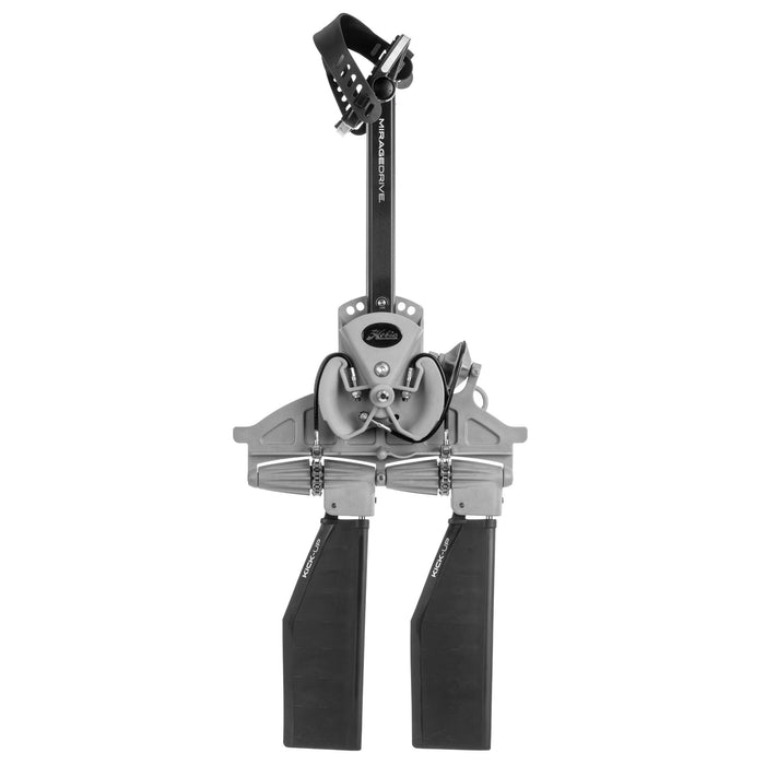 A side view of the Hobie MirageDrive GT pedal drive system with standard size kick-up fins featured in the front of a 2023 Hobie Mirage Compass Duo Tandem (Two-Seat) kayak. The manufacturer part number is 77800206 and the manufacturer UPC is 792176624851