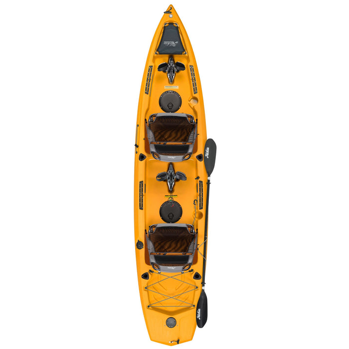A top down view of a 2023 Hobie Mirage Compass Duo Tandem (Two Seat) kayak in the papaya orange color. The manufacturer part number is 81912230 and the manufacturer UPC is 792176945352