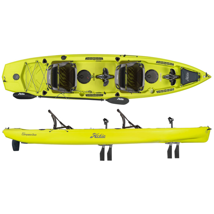 A top down and side view of a 2023 Hobie Mirage Compass Duo Tandem (Two Seat) kayak in the seagrass green color. The manufacturer part number is 81912220 and the manufacturer UPC is 792176439226