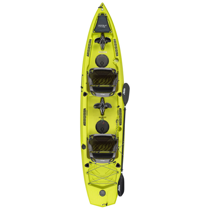 A top down view of a 2023 Hobie Mirage Compass Duo Tandem (Two Seat) kayak in the seagrass green color. The manufacturer part number is 81912220 and the manufacturer UPC is 792176439226