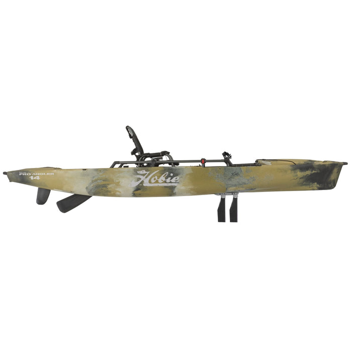 A side view of the 2023 Hobie Mirage Pro Angler 14 pedal drive kayak in the Camo color. The manufacturer part number is 85261019 and the manufacturer UPC is 792176788942
