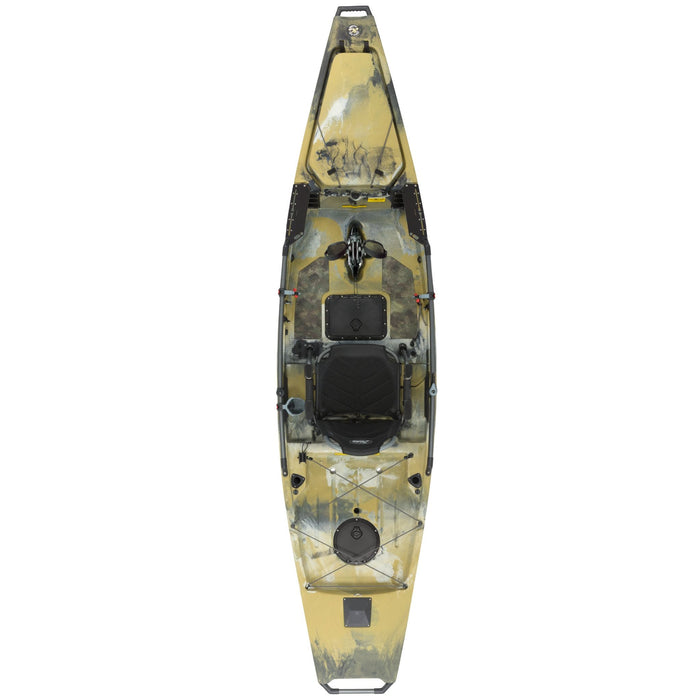 A top down view of the 2023 Hobie Mirage Pro Angler 14 pedal drive kayak in the Camo color. The manufacturer part number is 85261019 and the manufacturer UPC is 792176788942
