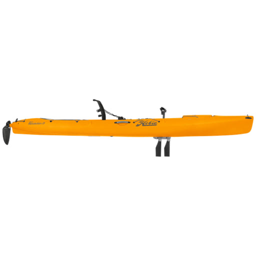A side view of the 2023 Hobie Mirage Revolution 13 kayak in the Papaya Orange color. The manufacturer part number is 80093339 and the manufacturer UPC is 792176506867