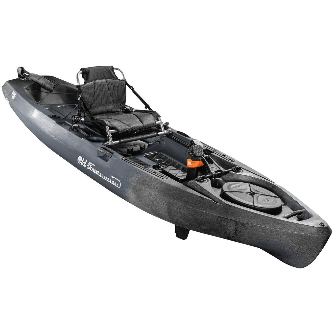 A 3/4 shot of the Old Town Sportsman 120 PDL pedal fishing kayak in the Steel Camo color with the PDL pedal drive deployed - SKU: 01.4071.0109 - UPC: 759239316320