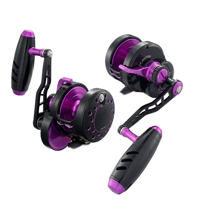 A Maxel Rage Pro conventional slow pitch lever drag fishing reel in the PBK (Black/Purple) color. Applicable models: R60H-PRO-PBK, R60HL-PRO-PBK, R80-PRO-PBK, R80L-PRO-PBK, R90-PRO-PBK, R90L-PRO-PBK, R130-PRO-PBK, R130L-PRO-PBK