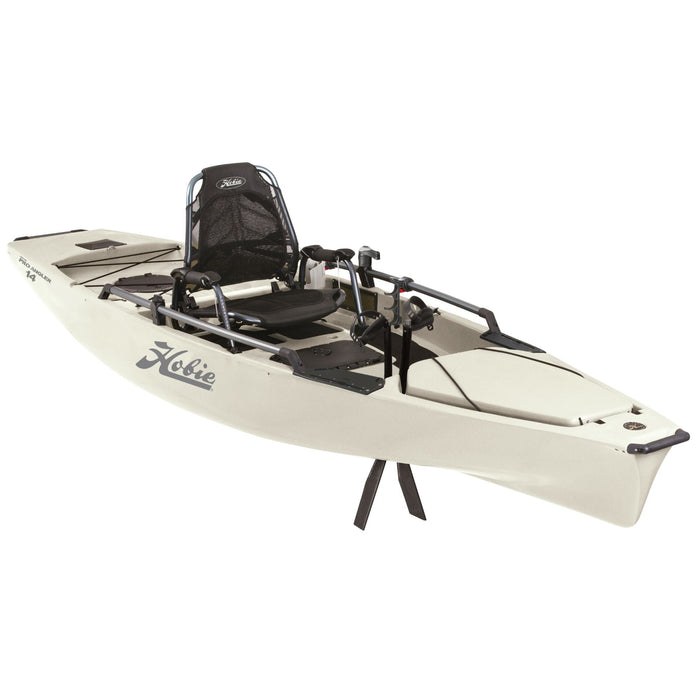 A 3/4 shot of the 2023 Hobie Mirage Pro Angler 14 pedal drive kayak in the Ivory Dune color. The manufacturer part number is 85291019 and the manufacturer UPC is 792176313373