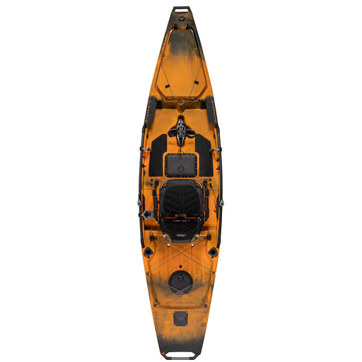 A top down view of the 2023 Hobie Mirage Pro Angler 14 pedal drive kayak in the Sunrise Camo color. The manufacturer part number is 27100048 and the manufacturer UPC is 792176290131