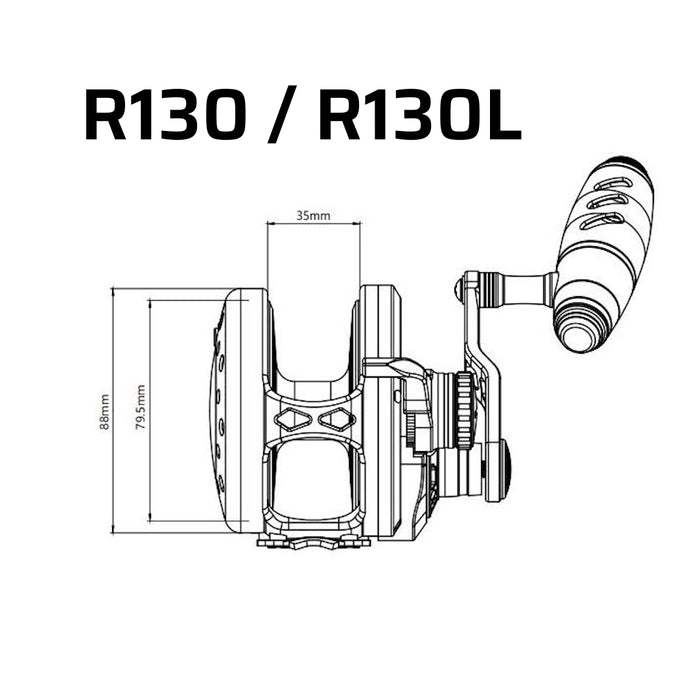 The dimensions of a Maxel Rage Pro 130 or 130L reel. Applicable models: R130-PRO-BGD, R130-PRO-BLG, R130-PRO-LGD, R130-PRO-PBK, R130L-PRO-BGD, R130L-PRO-BLG, R130L-PRO-LGD, R130L-PRO-PBK