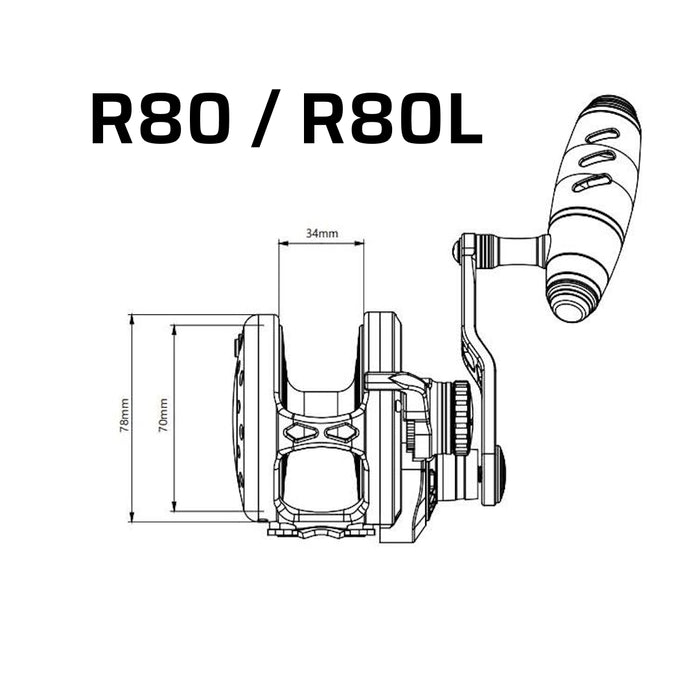 The dimensions of a Maxel Rage Pro 80 or 80L reel. Applicable models: R80-PRO-BGD, R80-PRO-BLG, R80-PRO-LGD, R80-PRO-PBK, R80L-PRO-BGD, R80L-PRO-BLG, R80L-PRO-LGD, R80L-PRO-PBK