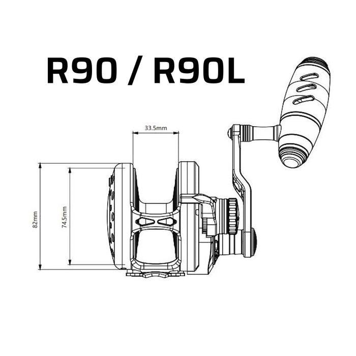 The dimensions of a Maxel Rage Pro 90 or 90L reel. Applicable models: R90-PRO-BGD, R90-PRO-BLG, R90-PRO-LGD, R90-PRO-PBK, R90L-PRO-BGD, R90L-PRO-BLG, R90L-PRO-LGD, R90L-PRO-PBK