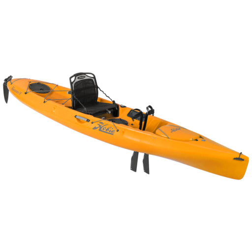A 3/4 angle shot of the 2023 Hobie Mirage Revolution 13 kayak in the Papaya Orange color. The manufacturer part number is 80093339 and the manufacturer UPC is 792176506867