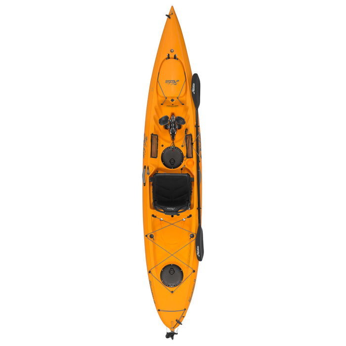 A top down view of the 2023 Hobie Mirage Revolution 13 kayak in the Papaya Orange color. The manufacturer part number is 80093339 and the manufacturer UPC is 792176506867